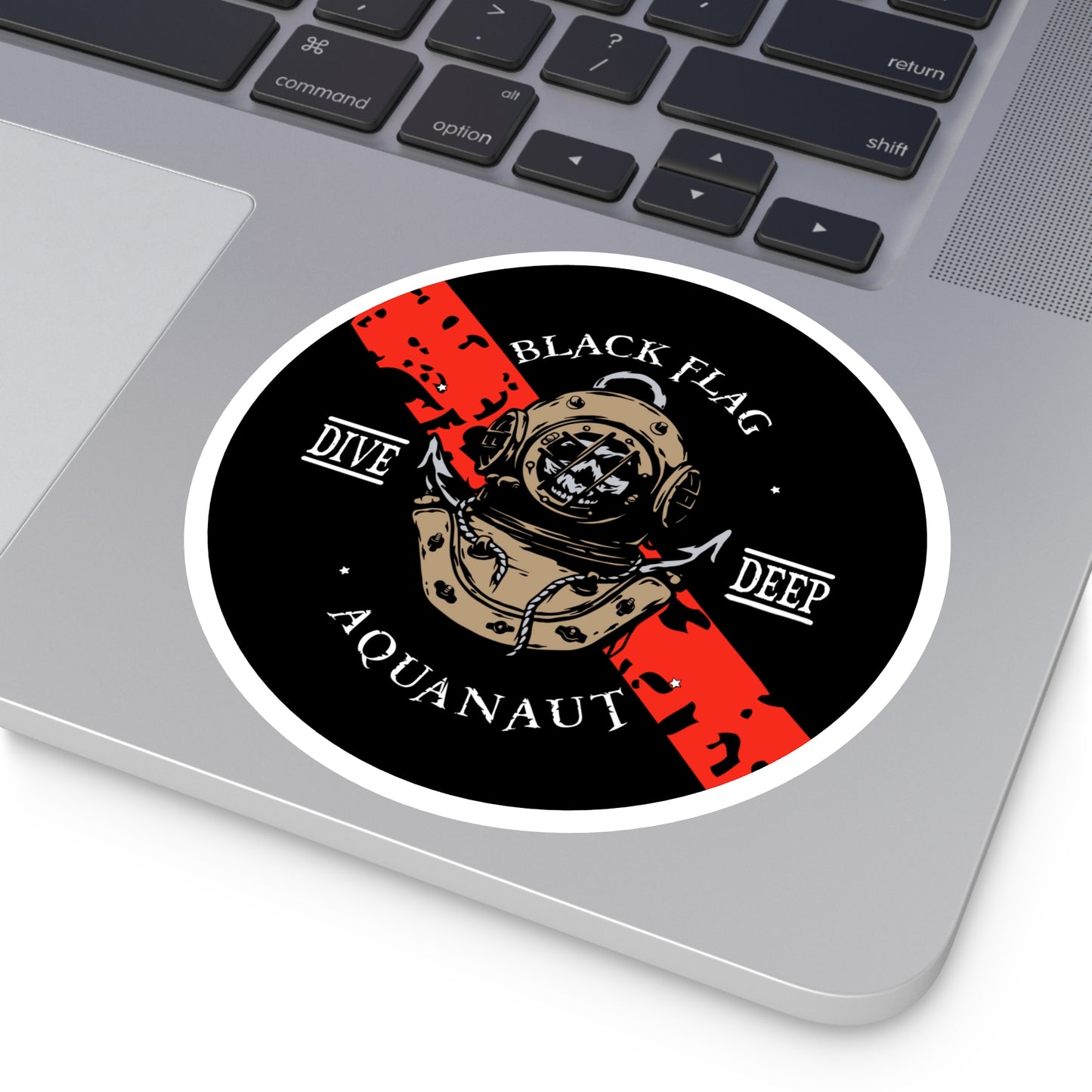 Black Flag Aquanaut Round Sticker — Dive Deep Vintage Diving Helmet Decal