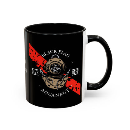 Diver Coffee Mug (Black) — 'Black Flag Aquanaut' Scuba Helmet Accent Mug (11/15oz)