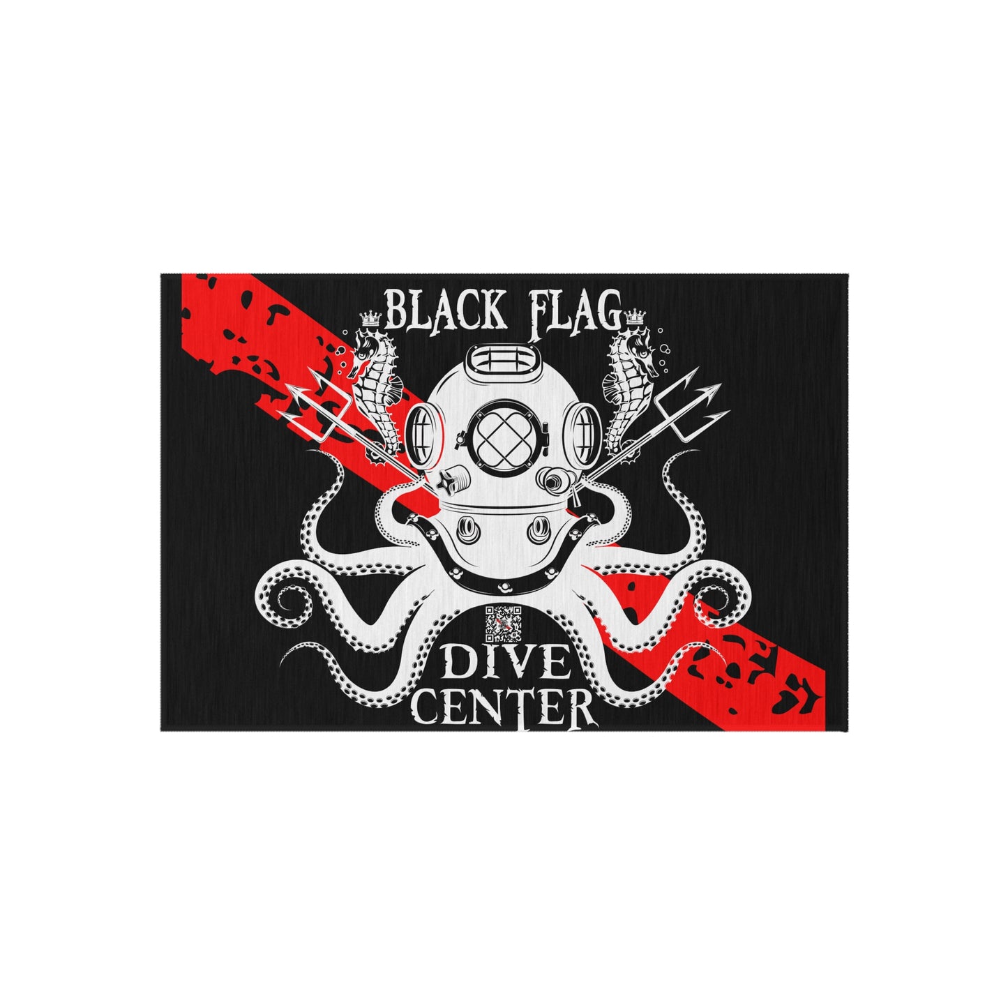 Black Flag Dive Center Outdoor Rug (Black) – Vintage Diving Helmet Octopus Design