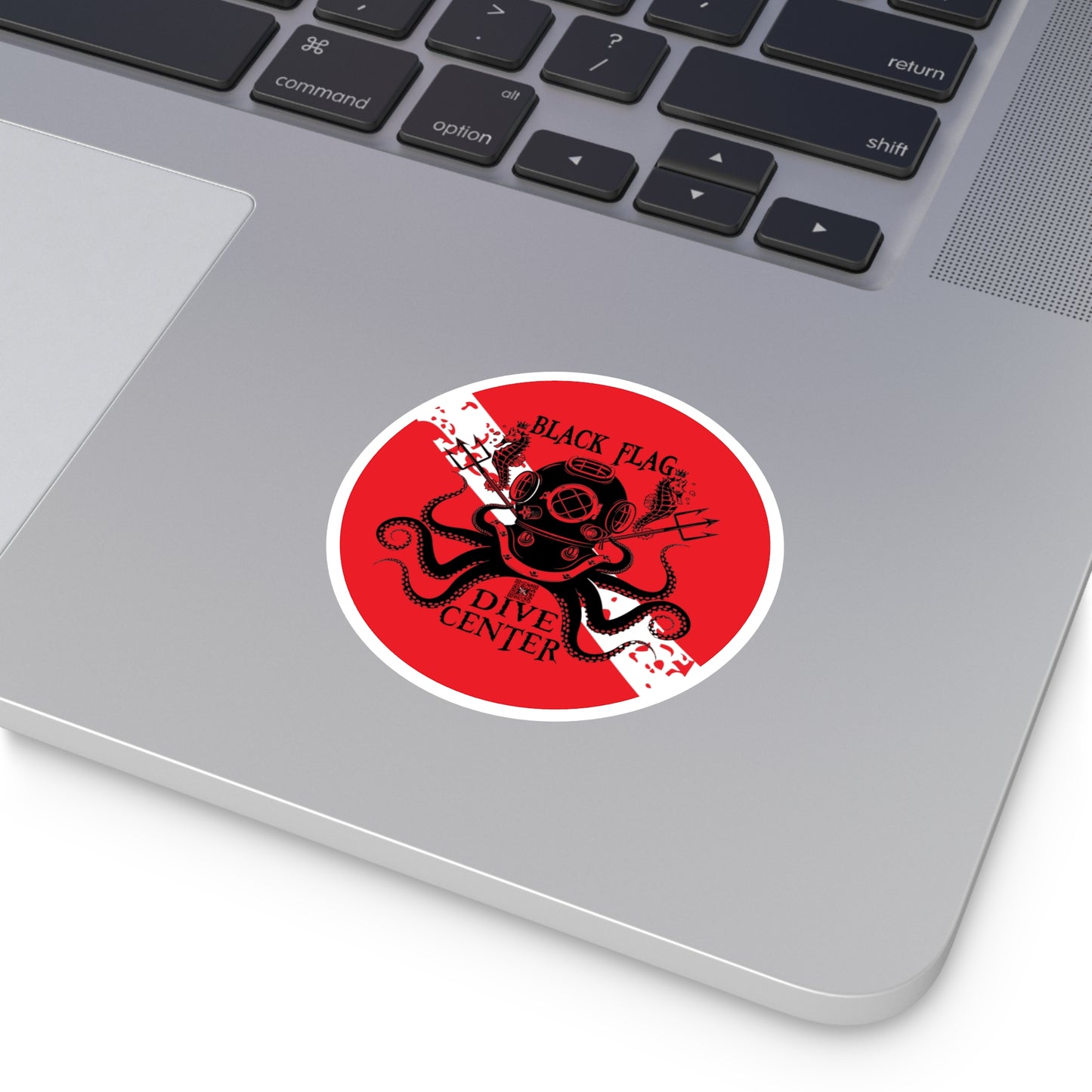 Black Flag Dive Center Round Sticker — Vintage Deep-Sea Octopus Diver Decal (Indoor/Outdoor)