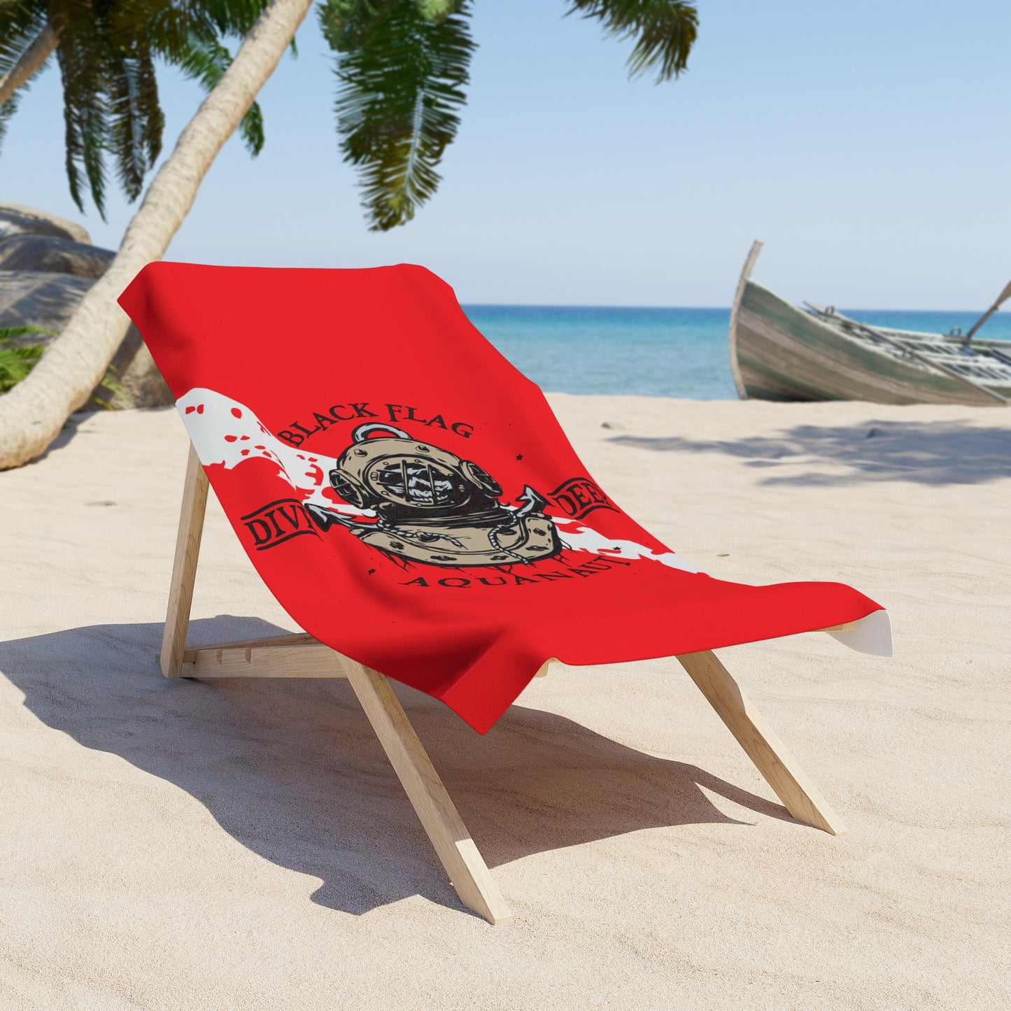 Diver Helmet Beach Towel — 'Black Flag Aquanaut' Scuba Dive Design