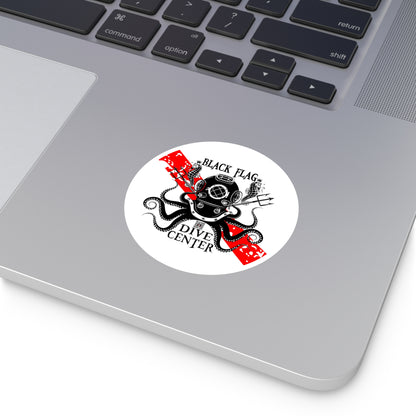 Black Flag Dive Center Round Sticker — Scuba Diver Helmet Octopus Design (Indoor/Outdoor)