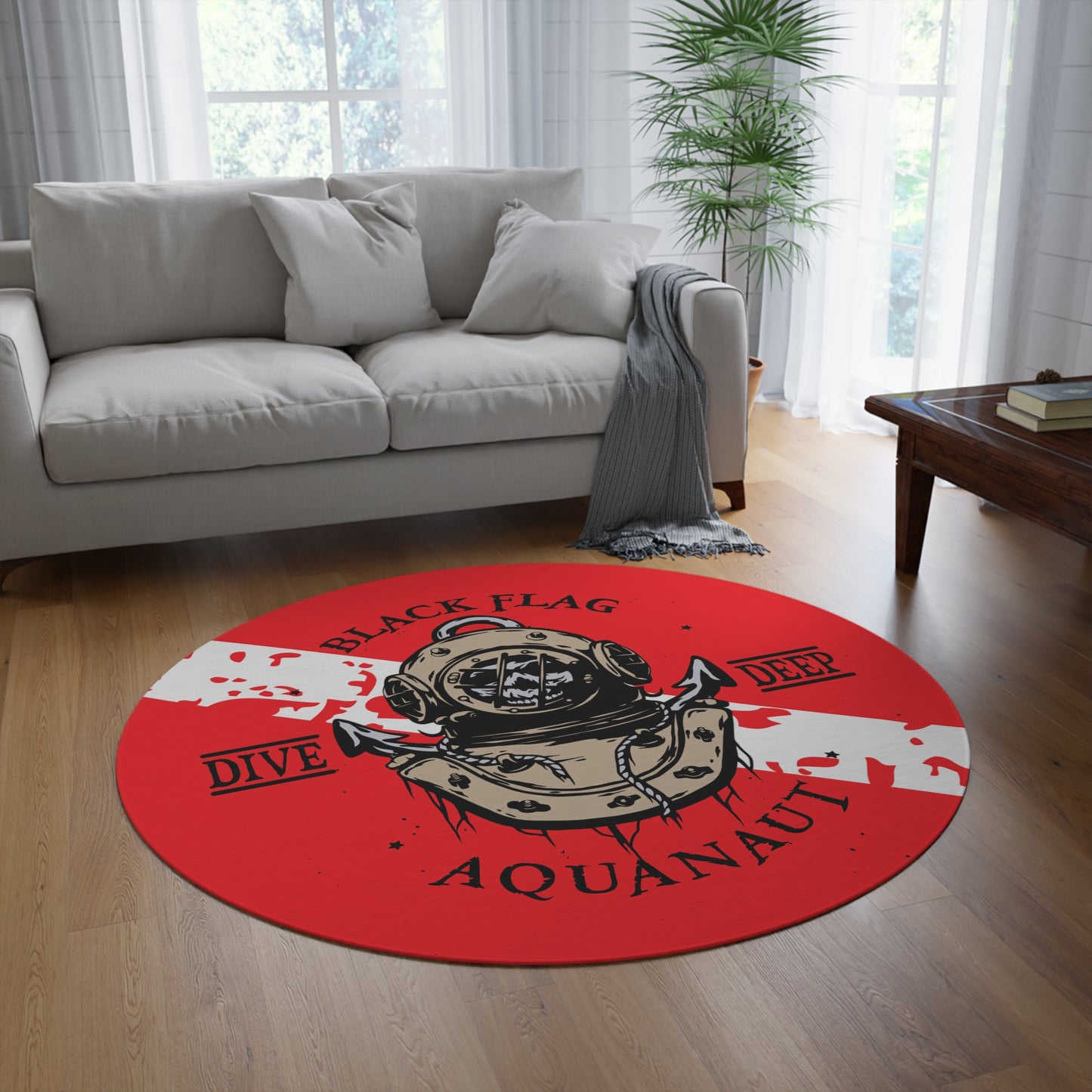 Black Flag Dive Center Rug (Red) – Nautical Aquanaut Diving Helmet Floor Mat