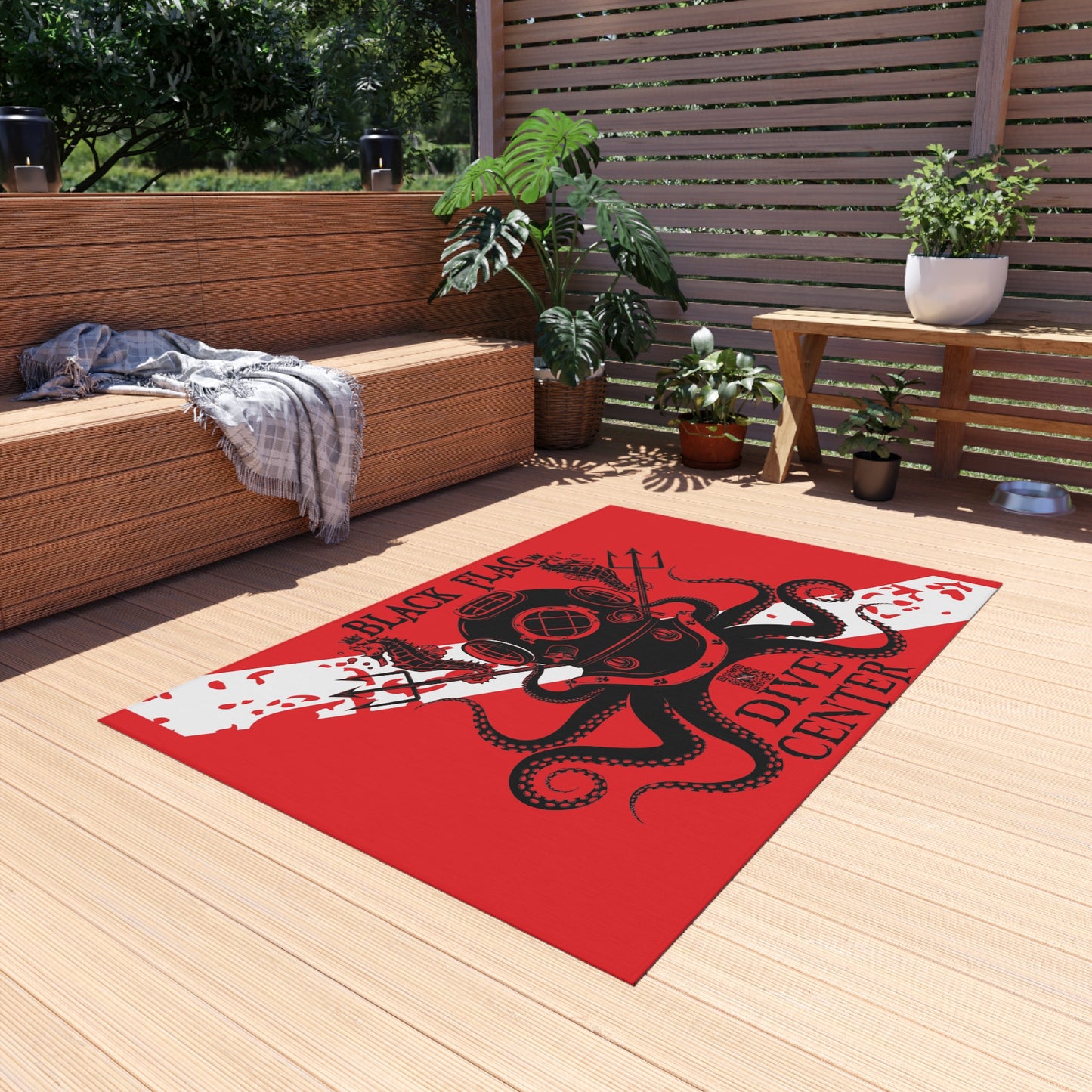 Dive Center Outdoor Rug (Red) — Black Flag Diver Nautical Patio Mat