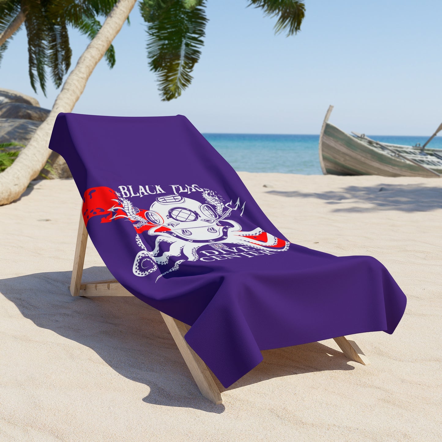 Diver Center Beach Towel — Nautical Octopus & Vintage Diving Helmet Design