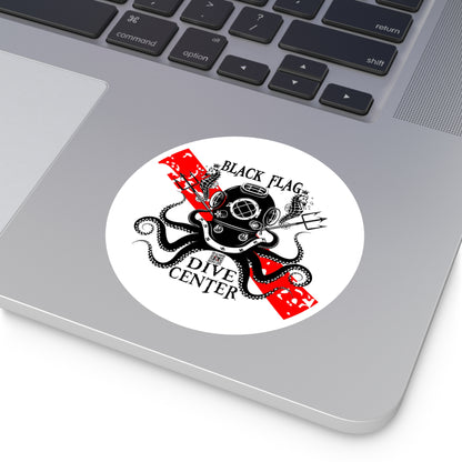 Black Flag Dive Center Round Sticker — Scuba Diver Helmet Octopus Design (Indoor/Outdoor)