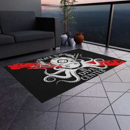 Black Flag Dive Center Outdoor Rug (Black) – Vintage Diving Helmet Octopus Design