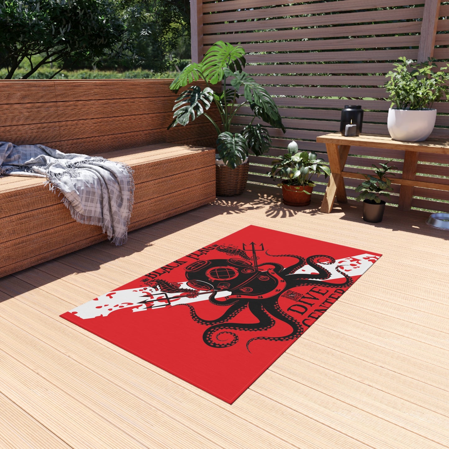 Dive Center Outdoor Rug (Red) — Black Flag Diver Nautical Patio Mat