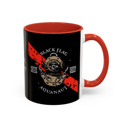 Diver Coffee Mug (Black) — 'Black Flag Aquanaut' Scuba Helmet Accent Mug (11/15oz)
