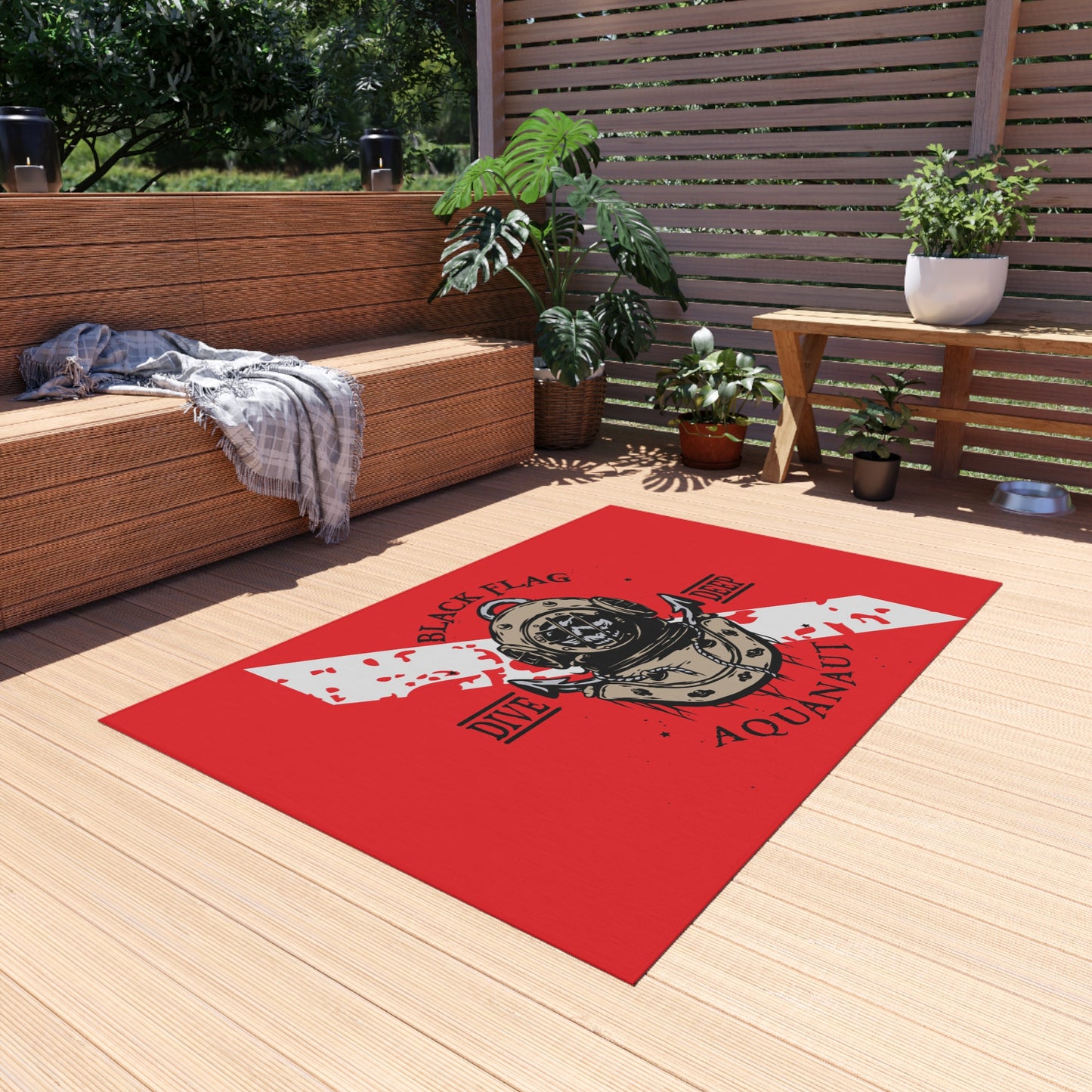 Dive Deep Aquanaut Outdoor Rug — Red Scuba Diver Flag Doormat