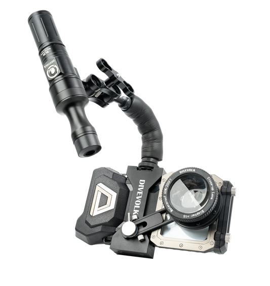 Fixable arm with cold shoe and hall head for underwater photography light mount and angle adjustment