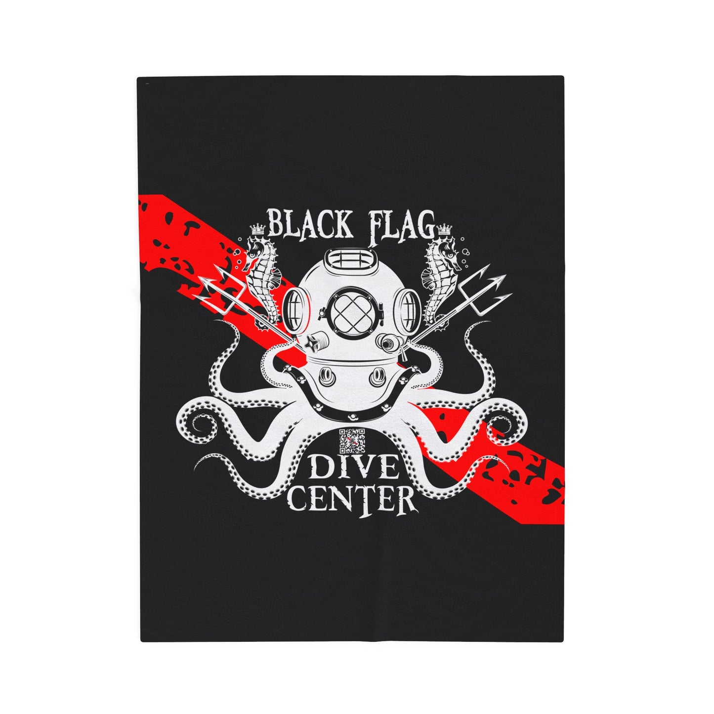 Black Flag Dive Center Velveteen Plush Blanket – Vintage Deep Sea Diver Octopus Design