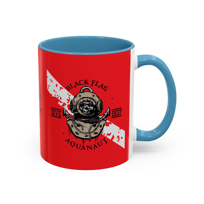 Diver Coffee Mug (Red)  — 'Black Flag Aquanaut' Scuba Helmet Accent Mug (11/15oz)