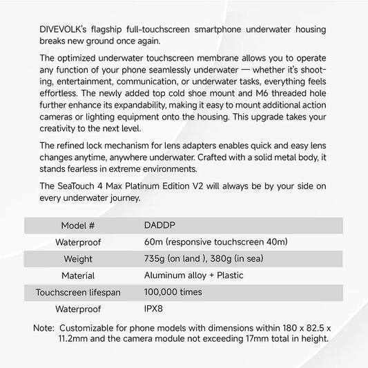 DIVEVOLK SeaTouch 4 Max Platinum Underwater Touchscreen Housing for Smartphone