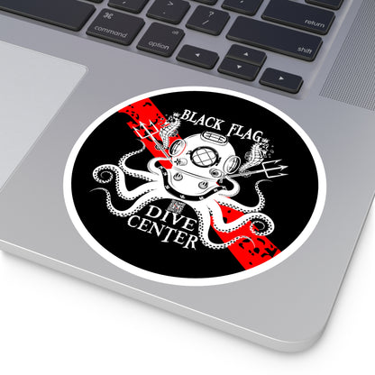 Round Dive Center Sticker — Black Flag Octopus & Vintage Helmet Logo (Indoor/Outdoor)