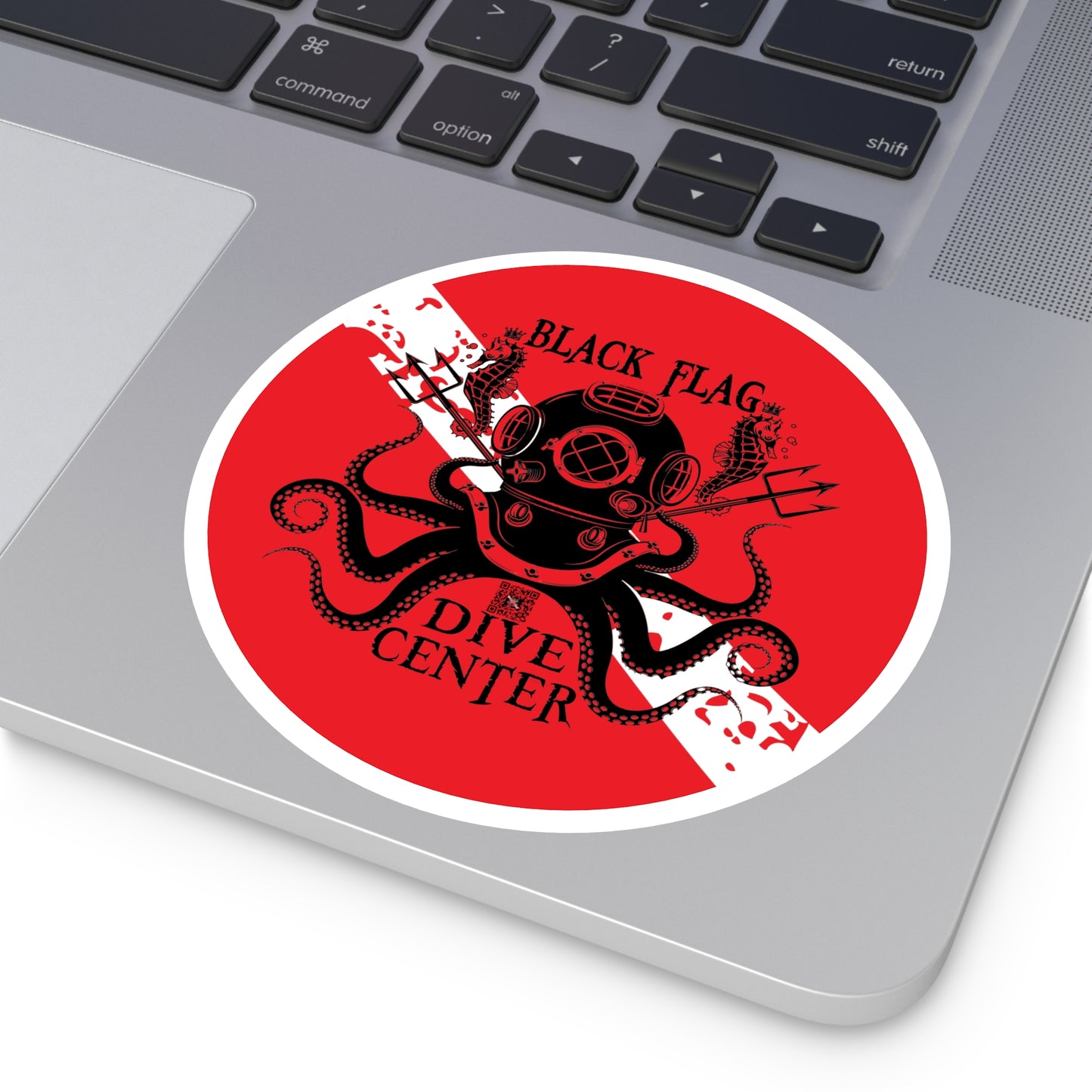 Black Flag Dive Center Round Sticker — Vintage Deep-Sea Octopus Diver Decal (Indoor/Outdoor)