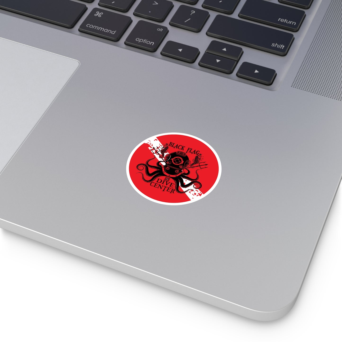 Black Flag Dive Center Round Sticker — Vintage Deep-Sea Octopus Diver Decal (Indoor/Outdoor)