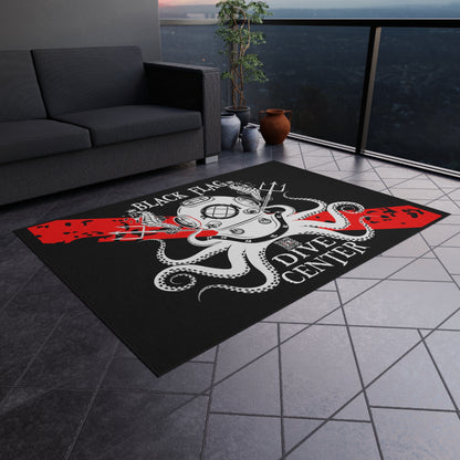Black Flag Dive Center Outdoor Rug (Black) – Vintage Diving Helmet Octopus Design