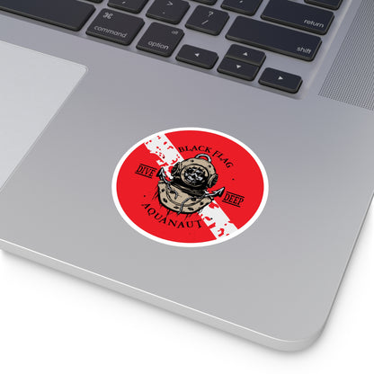 Aquanaut Dive Flag Round Sticker — 'Black Flag Aquanaut' Scuba Helmet Design