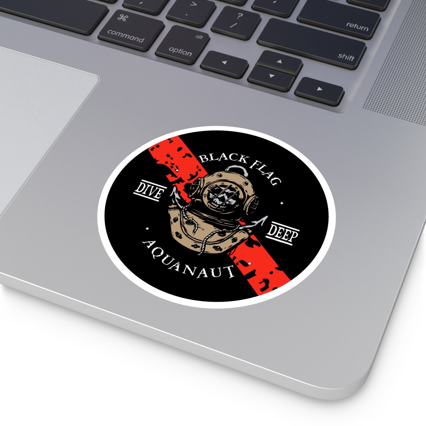 Black Flag Aquanaut Round Sticker — Dive Deep Vintage Diving Helmet Decal