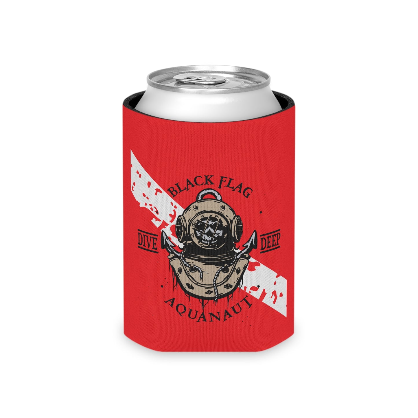Can Cooler (Red) — Black Flag Dive Center Aquanaut Koozie (Vintage Deep Sea Helmet)