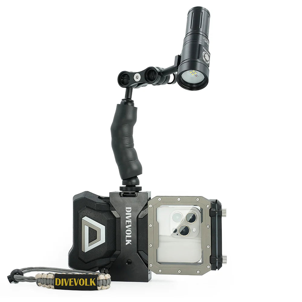 Fixable arm with cold shoe and hall head for underwater photography light mount and angle adjustment