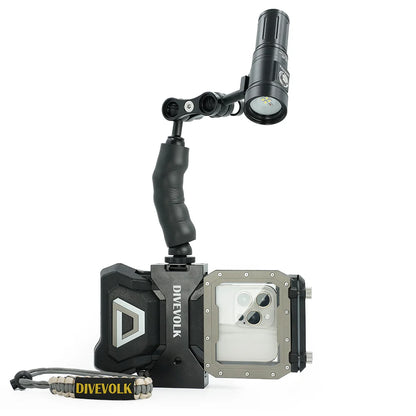 Fixable arm with cold shoe and hall head for underwater photography light mount and angle adjustment