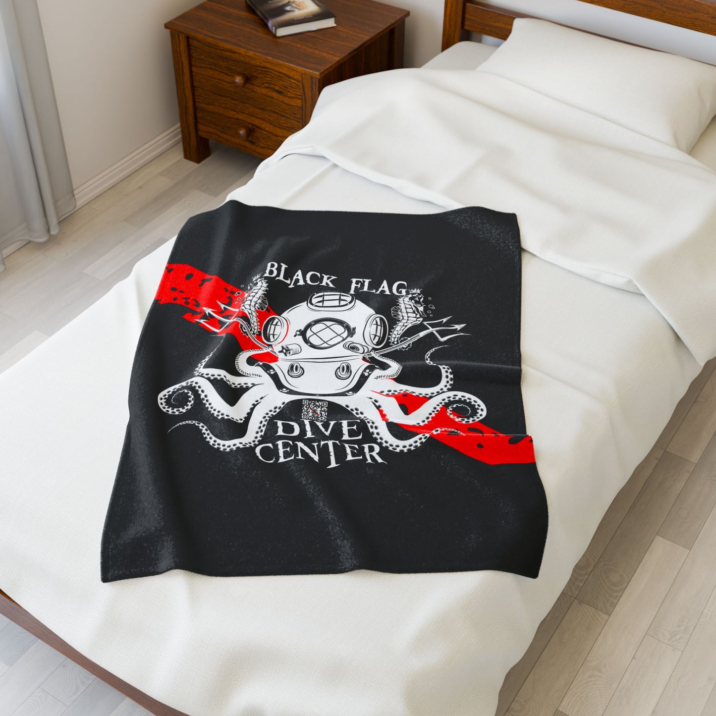 Black Flag Dive Center Velveteen Plush Blanket – Vintage Deep Sea Diver Octopus Design