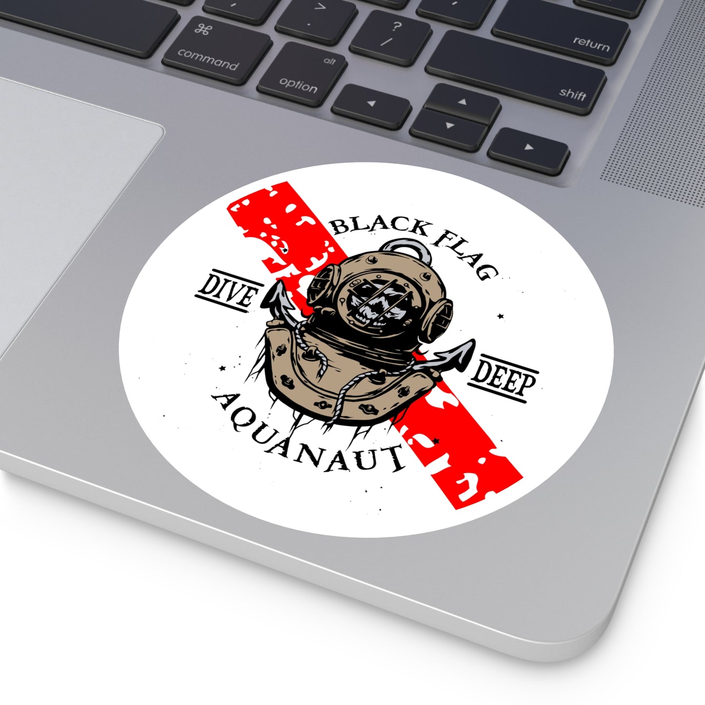 Black Flag Dive Center Round Sticker — Scuba Diver Helmet Octopus Design (Indoor/Outdoor)