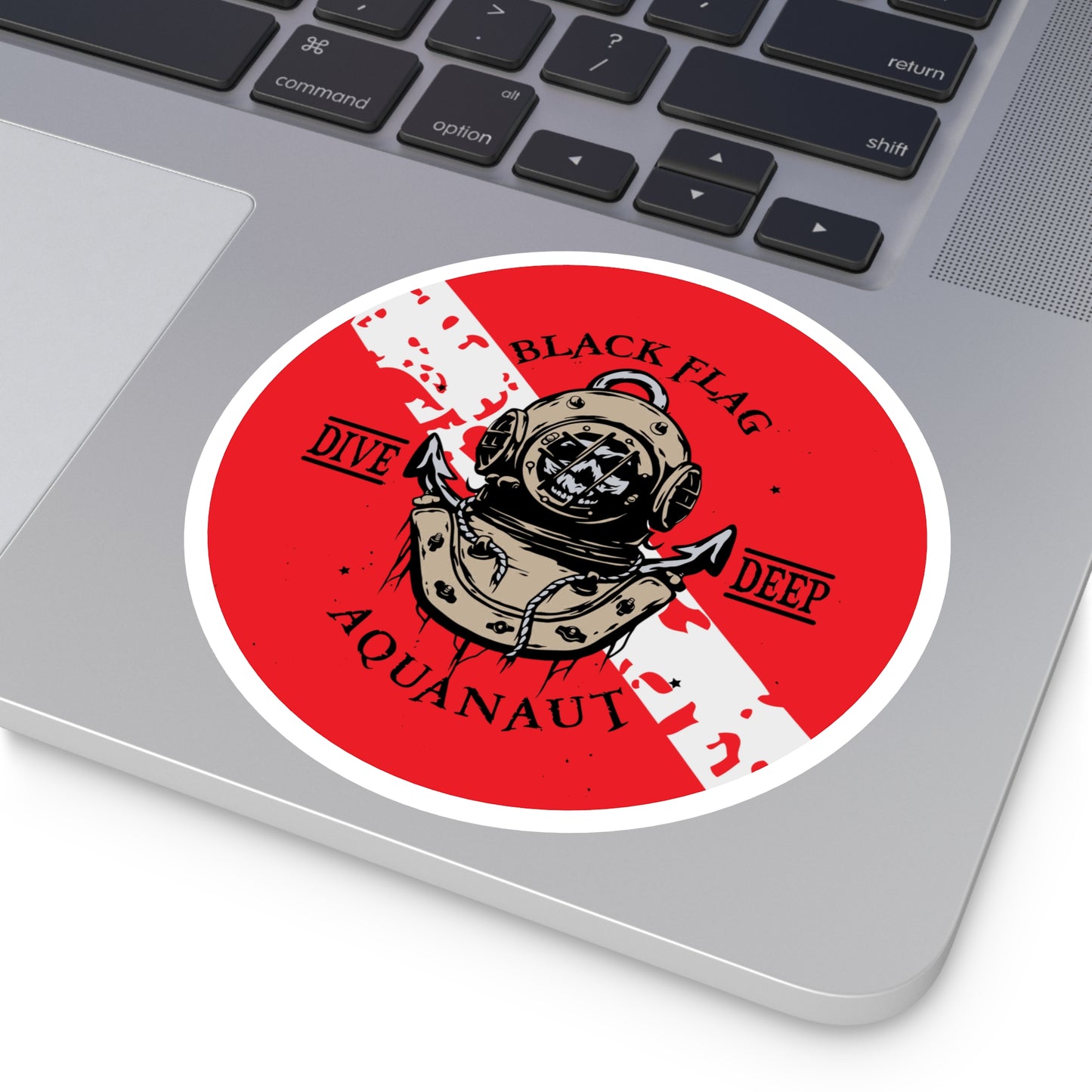 Aquanaut Dive Flag Round Sticker — 'Black Flag Aquanaut' Scuba Helmet Design