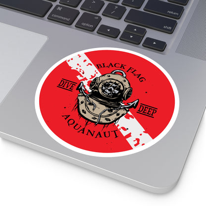 Aquanaut Dive Flag Round Sticker — 'Black Flag Aquanaut' Scuba Helmet Design