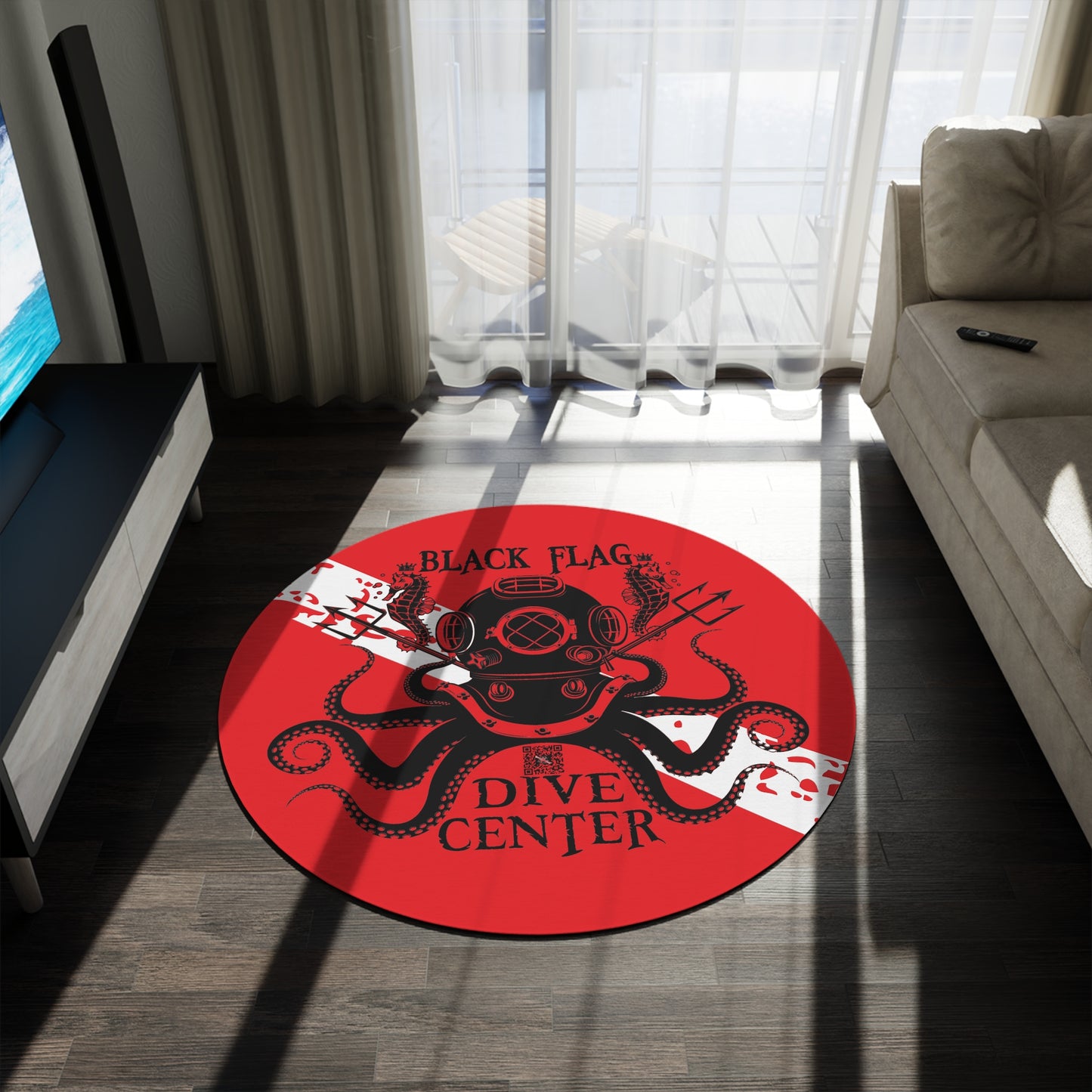 Black Flag Dive Center Rug (Red) – Nautical Octopus Diving Helmet Floor Mat