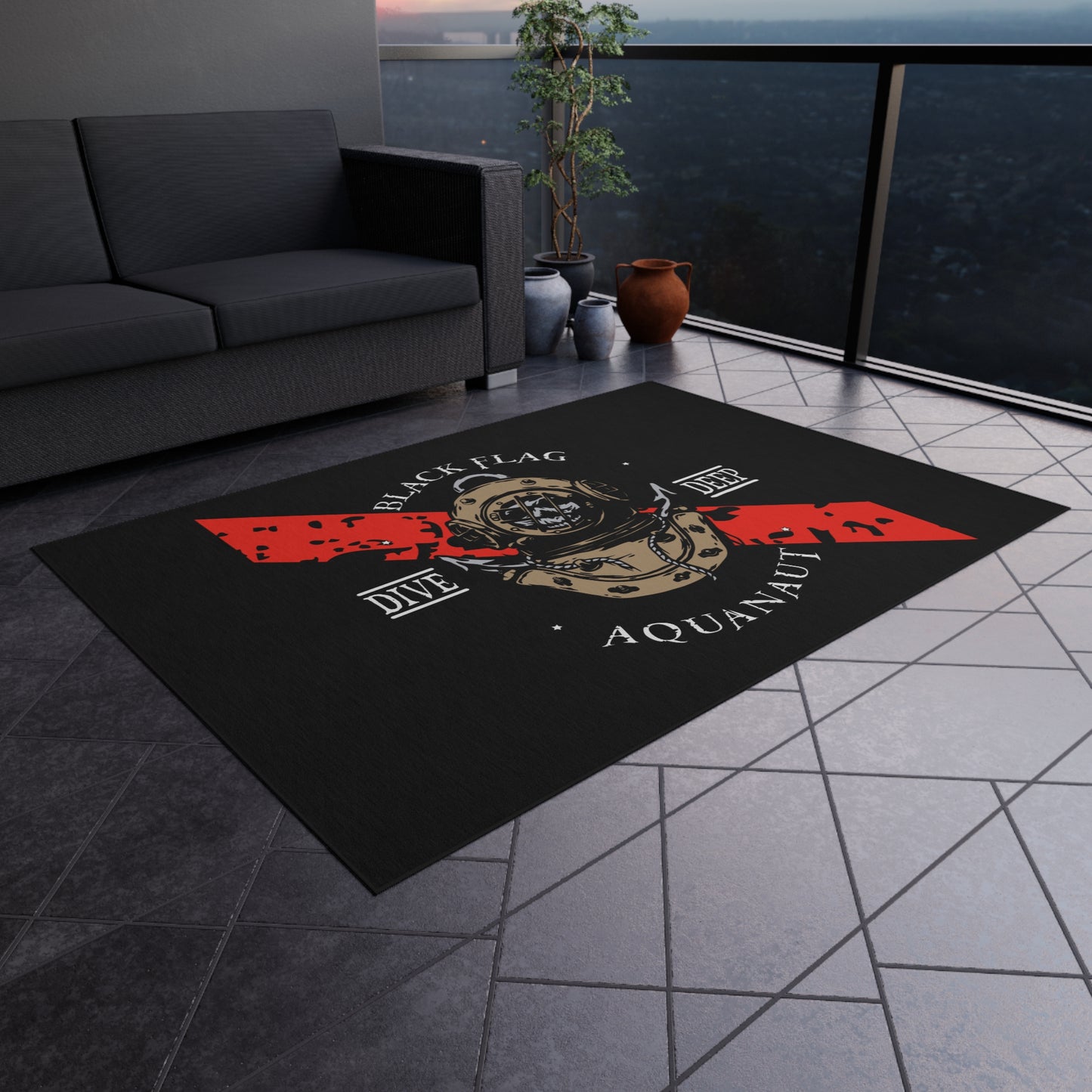 Dive Deep Aquanaut Outdoor Rug — Black Flag Scuba Diver Doormat