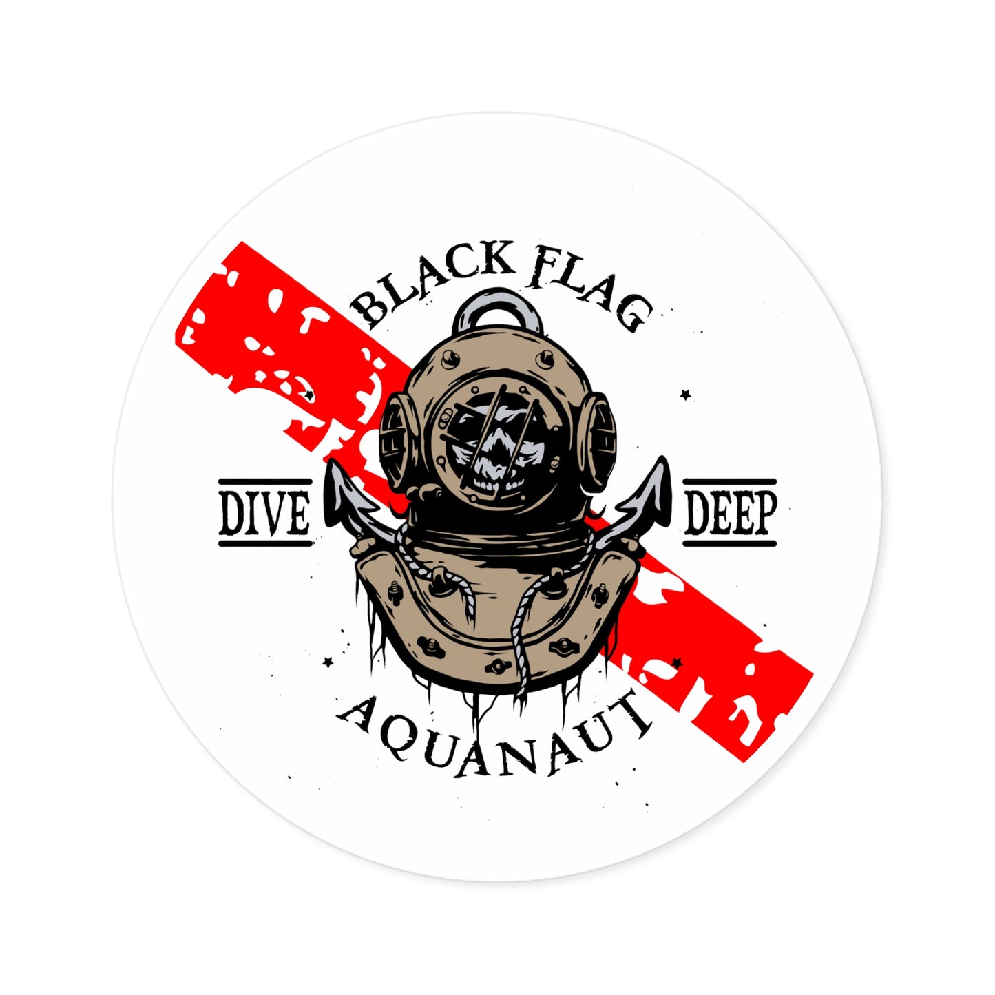 Black Flag Dive Center Round Sticker — Scuba Diver Helmet Octopus Design (Indoor/Outdoor)