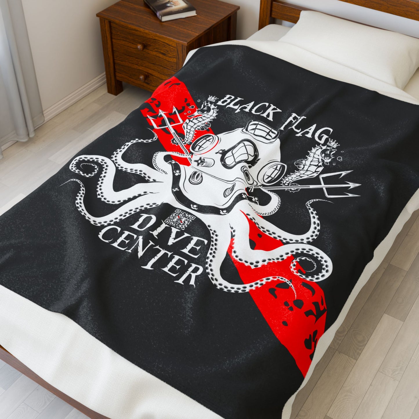 Black Flag Dive Center Velveteen Plush Blanket – Vintage Deep Sea Diver Octopus Design