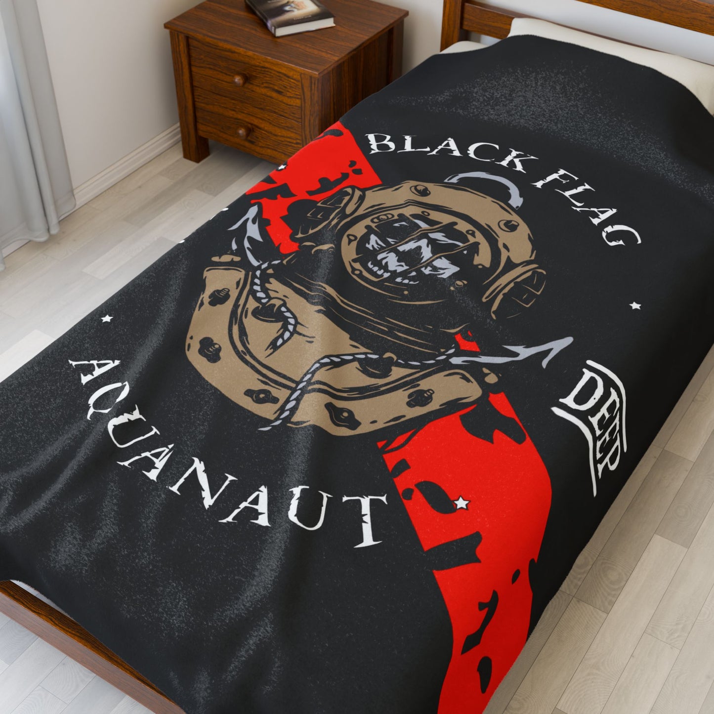 Aquanaut Dive Deep Velveteen Plush Blanket – Black Flag Vintage Diving Helmet Design