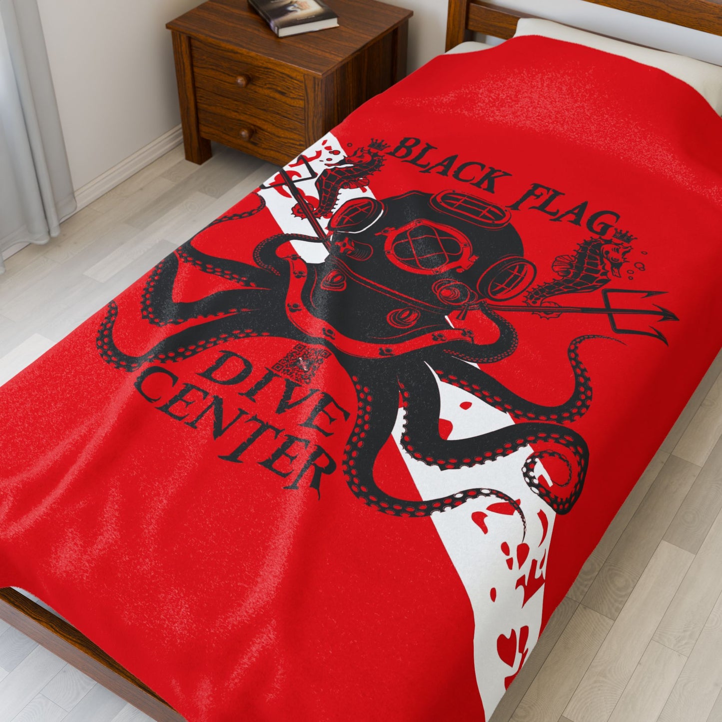 Velveteen Plush Blanket — Black Flag Dive Center Octopus Diver Design