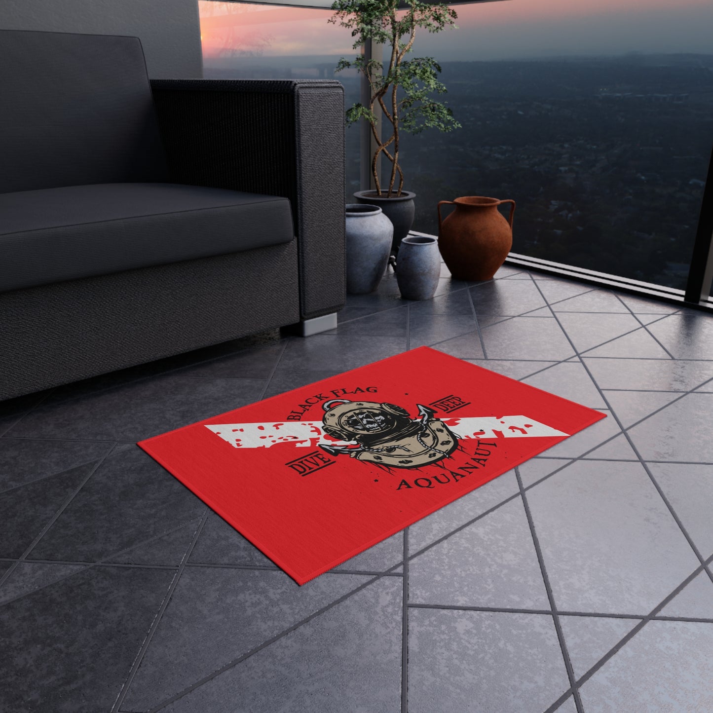 Dive Deep Aquanaut Outdoor Rug — Red Scuba Diver Flag Doormat
