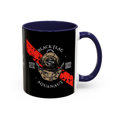Diver Coffee Mug (Black) — 'Black Flag Aquanaut' Scuba Helmet Accent Mug (11/15oz)