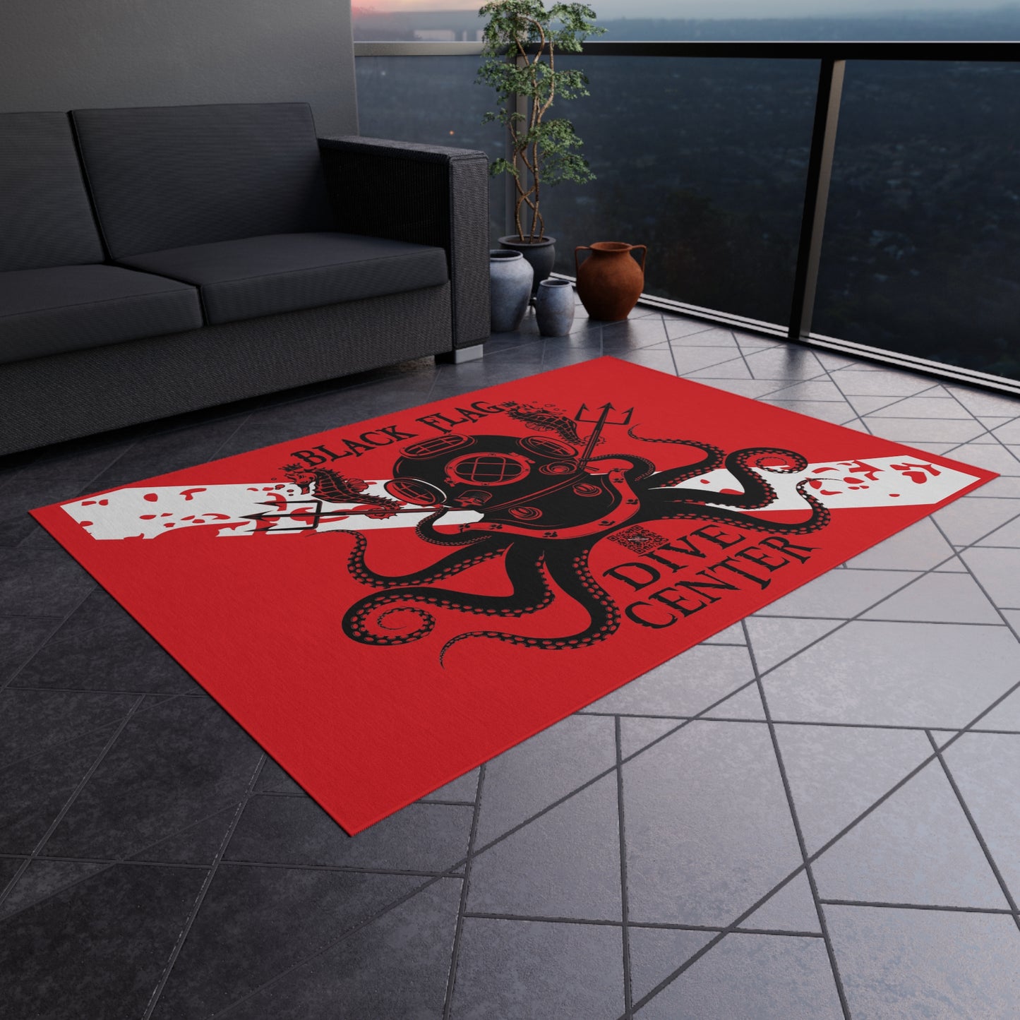 Dive Center Outdoor Rug (Red) — Black Flag Diver Nautical Patio Mat