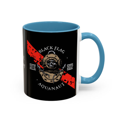 Diver Coffee Mug (Black) — 'Black Flag Aquanaut' Scuba Helmet Accent Mug (11/15oz)