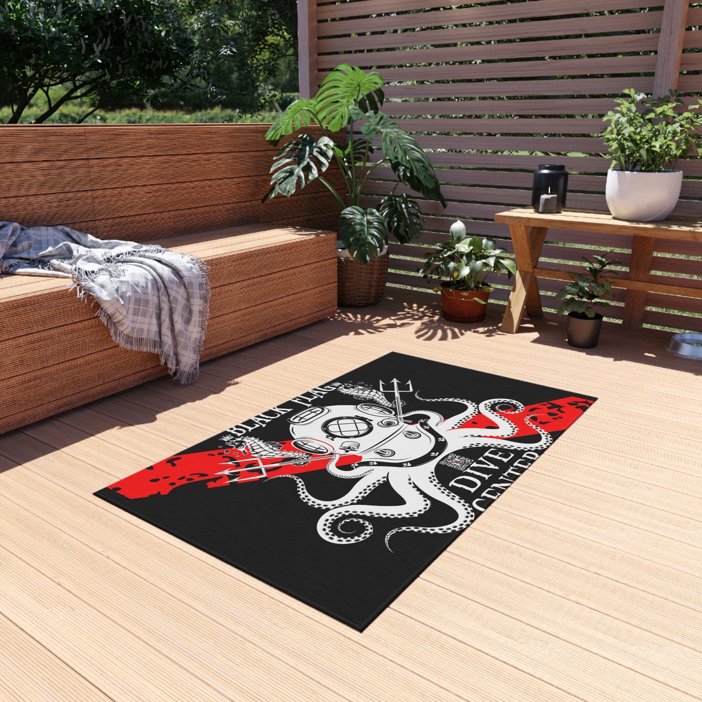 Black Flag Dive Center Outdoor Rug (Black) – Vintage Diving Helmet Octopus Design