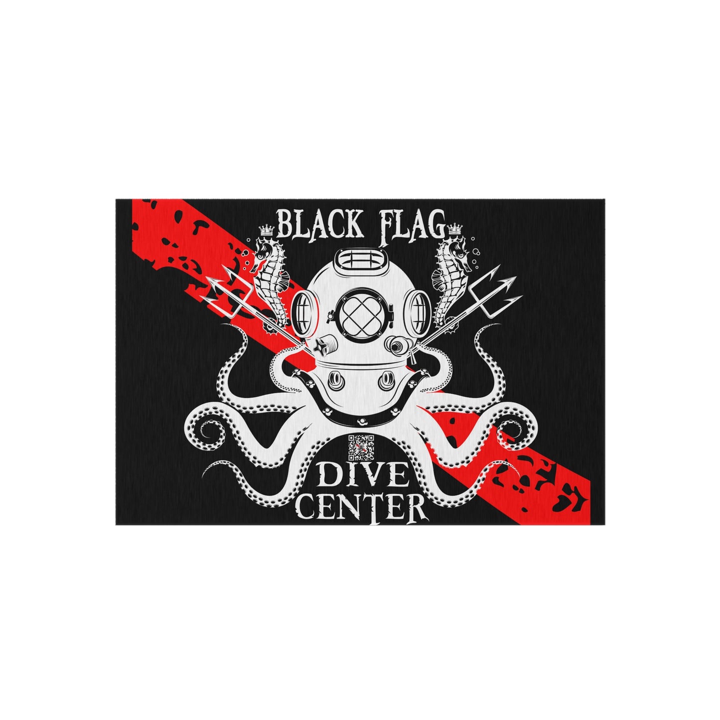 Black Flag Dive Center Outdoor Rug (Black) – Vintage Diving Helmet Octopus Design