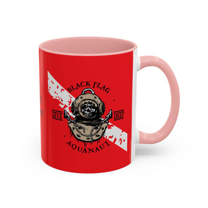 Diver Coffee Mug (Red)  — 'Black Flag Aquanaut' Scuba Helmet Accent Mug (11/15oz)