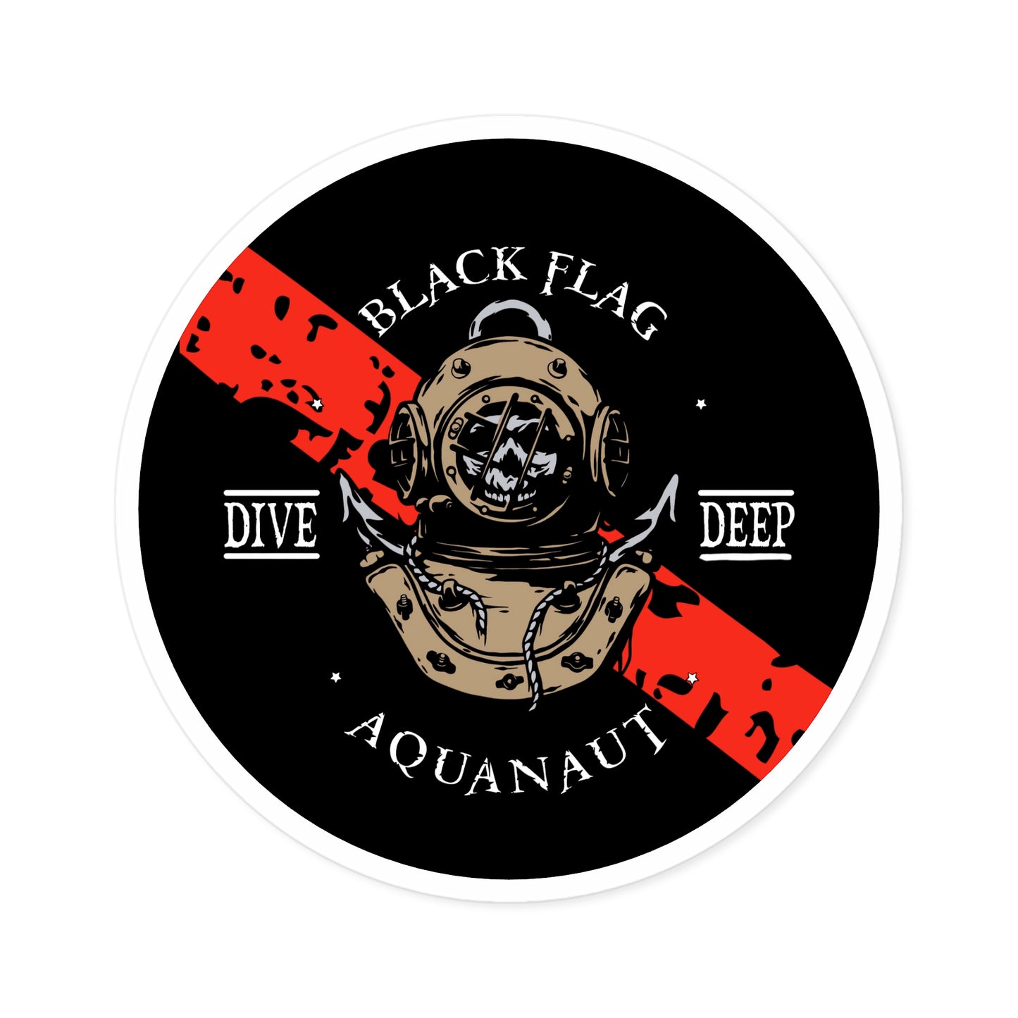 Black Flag Aquanaut Round Sticker — Dive Deep Vintage Diving Helmet Decal