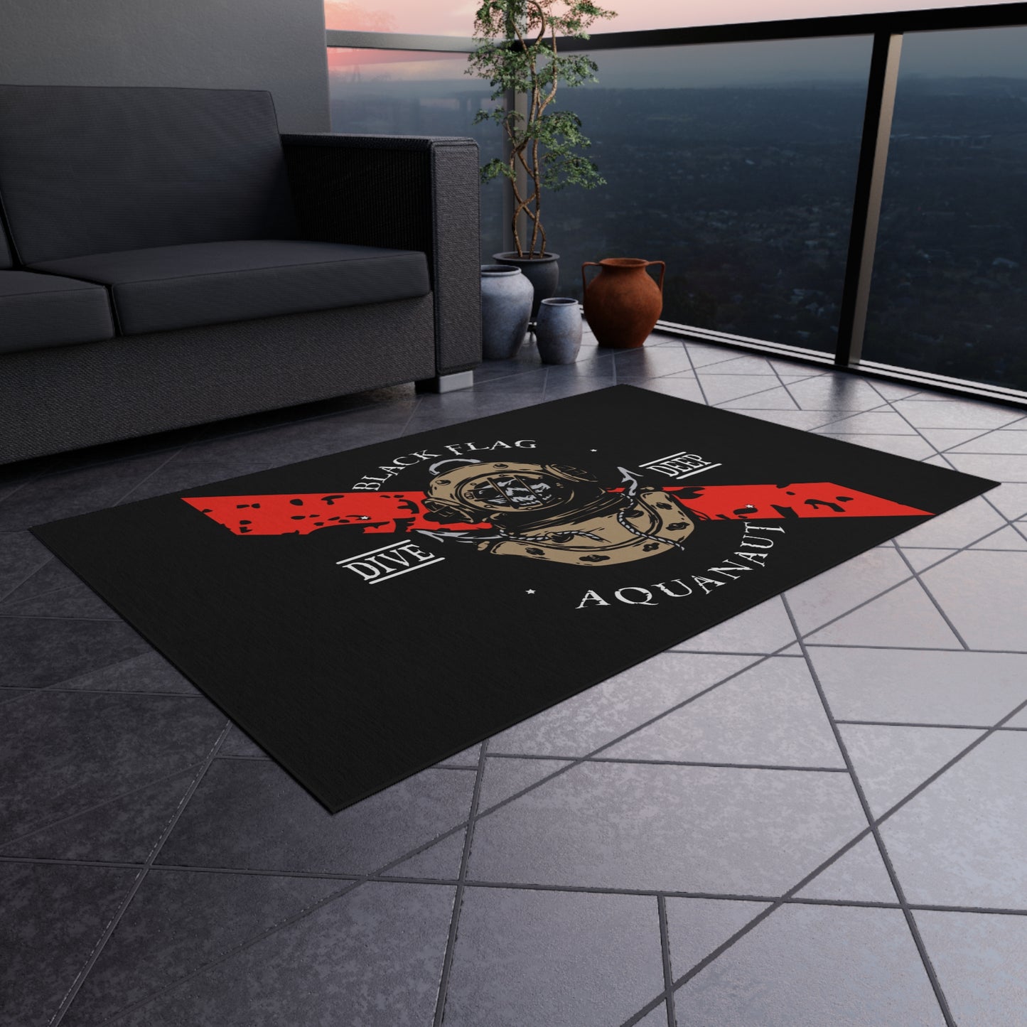 Dive Deep Aquanaut Outdoor Rug — Black Flag Scuba Diver Doormat
