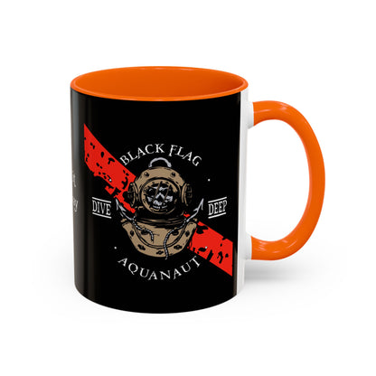 Diver Coffee Mug (Black) — 'Black Flag Aquanaut' Scuba Helmet Accent Mug (11/15oz)