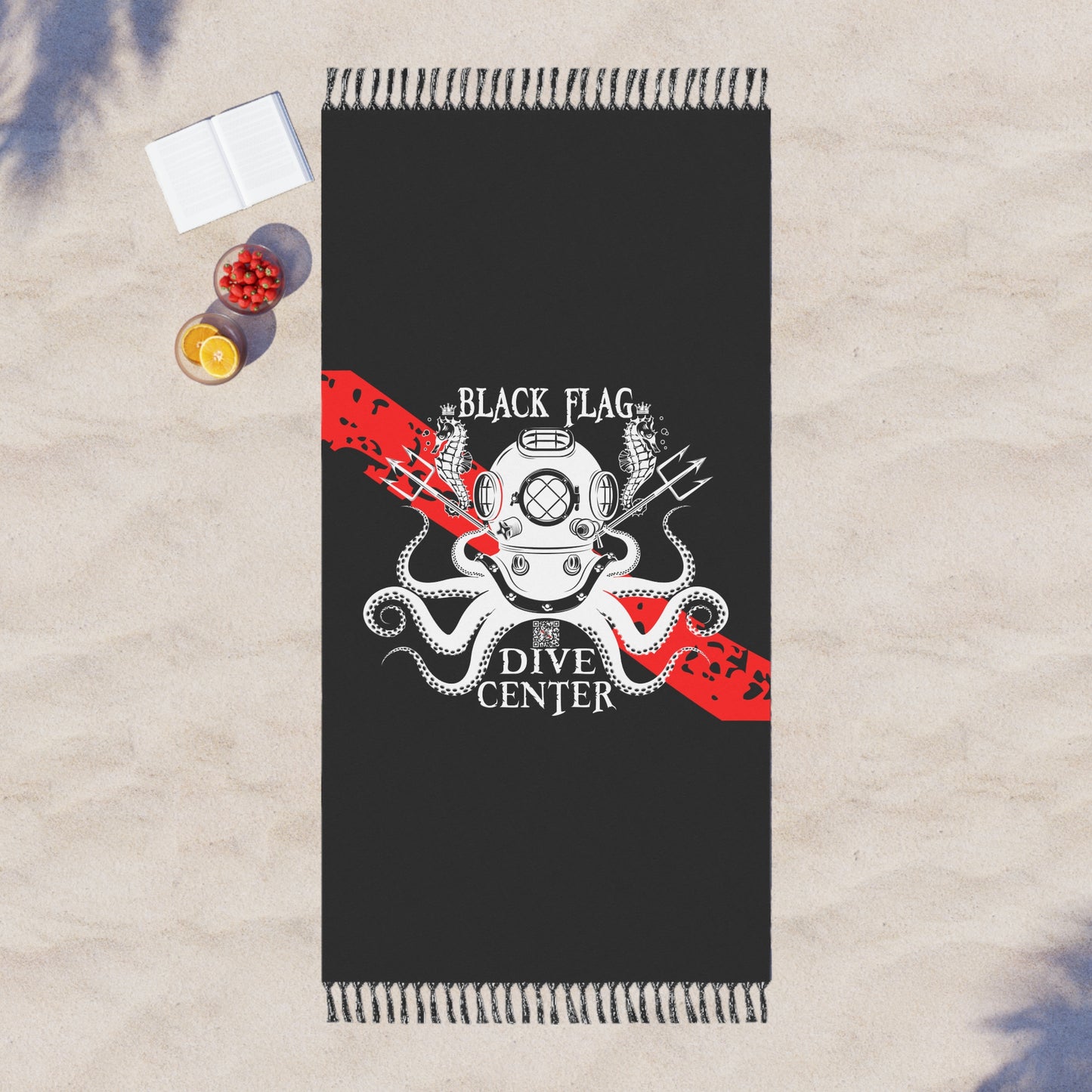 Dive Center Beach Towel – Vintage Deep Sea Octopus & Helmet Design (Black Flag)