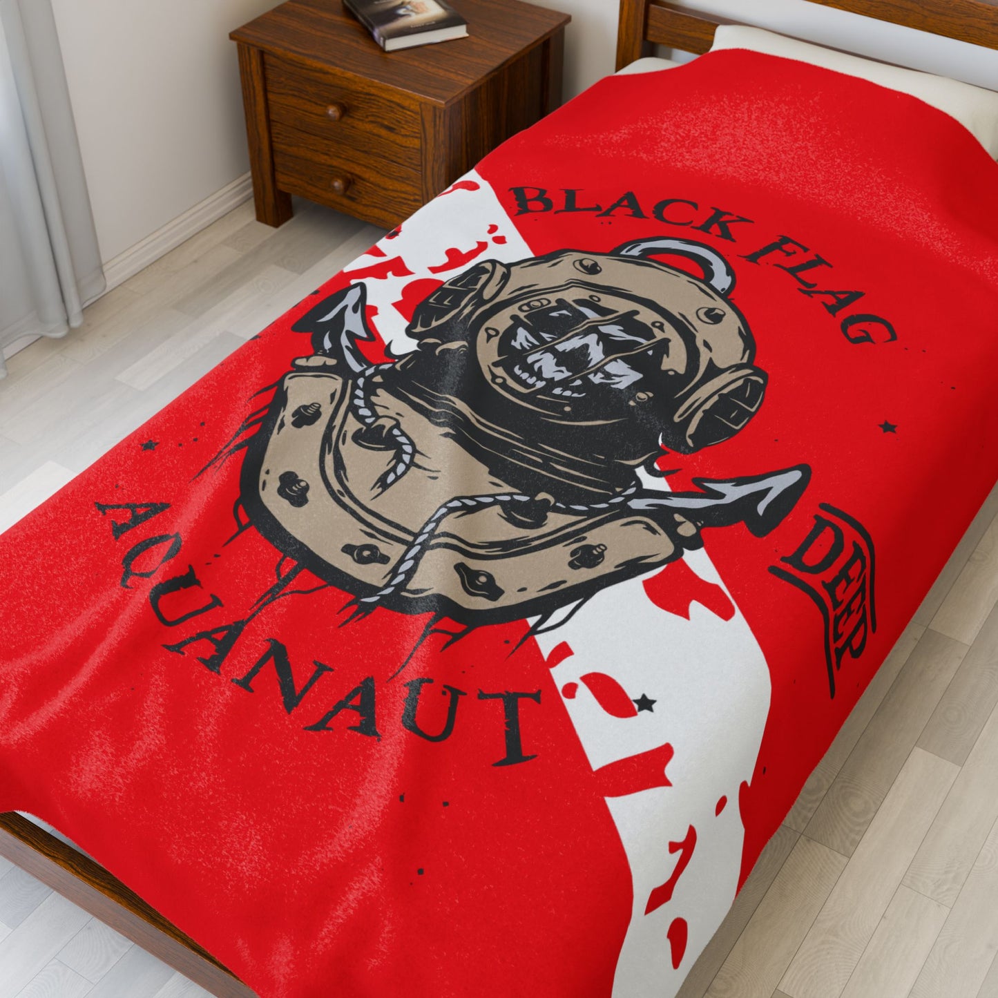 Diver Helmet Velveteen Plush Blanket — "Black Flag Aquanaut" Dive Deep Throw