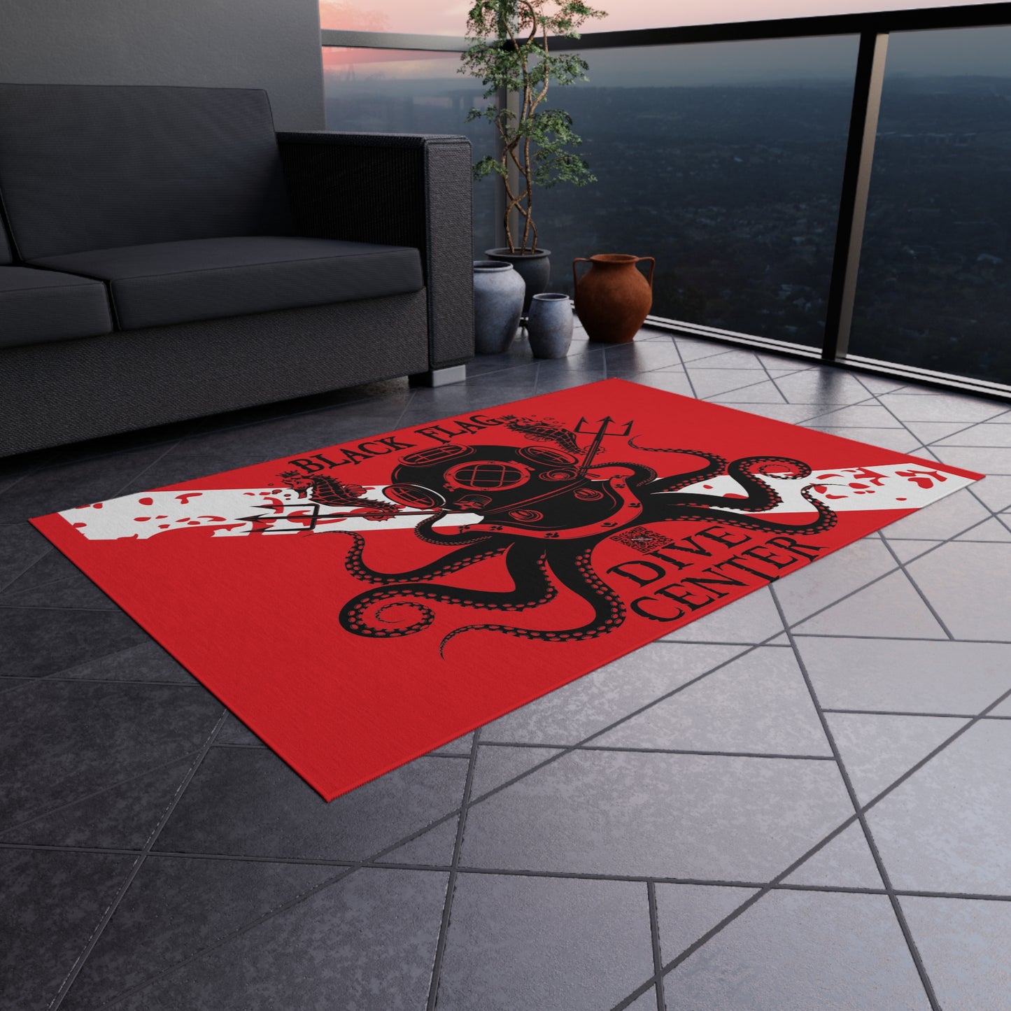 Dive Center Outdoor Rug (Red) — Black Flag Diver Nautical Patio Mat